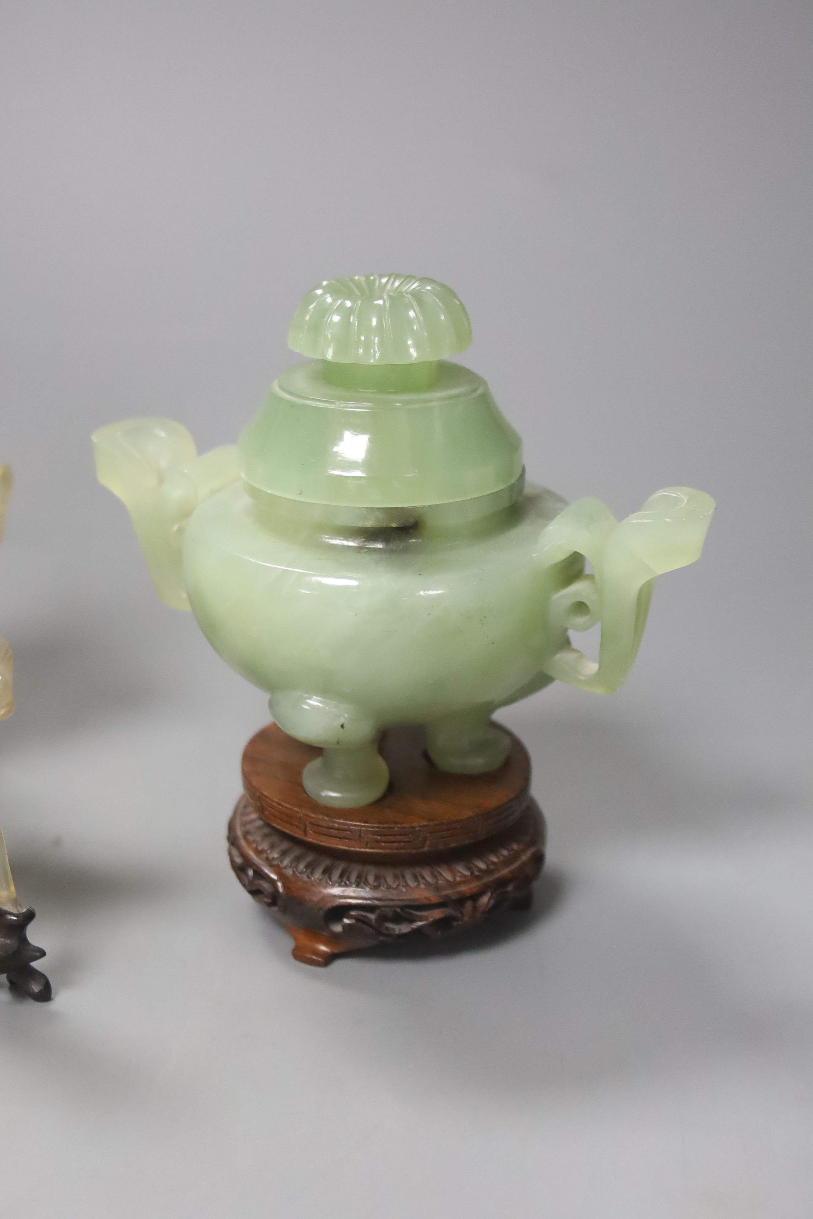 A Chinese rose quartz censer and cover on stand and four other items, including two further hardstone censers and covers and two small models of deer (5)